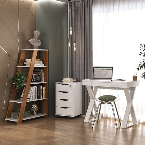 Conjunto 3 Peças com Escrivaninha, Gaveteiro com 4 Gavetas e Estante Organizadora Veneza Branco Freijó Artany