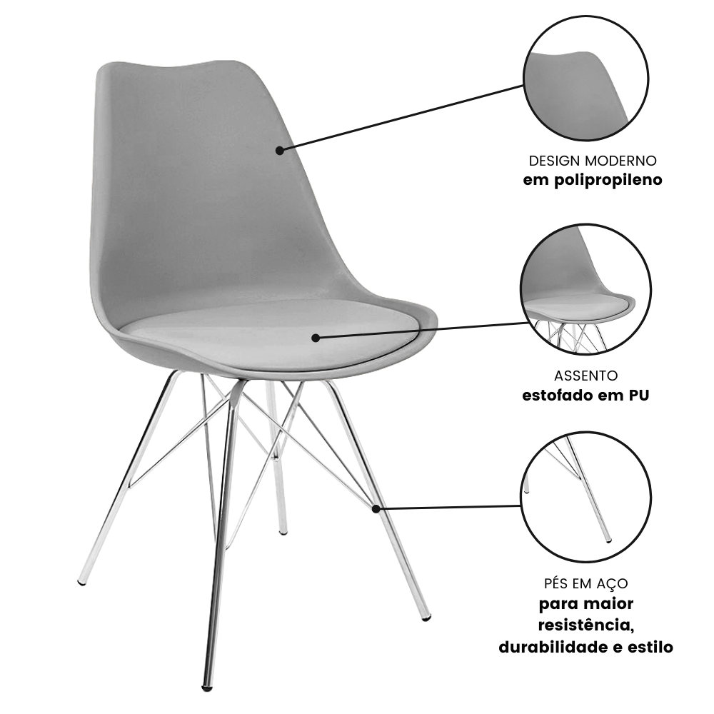 Cadeira Eames Leda Design Estofada Cinza Tower Cromado - 5