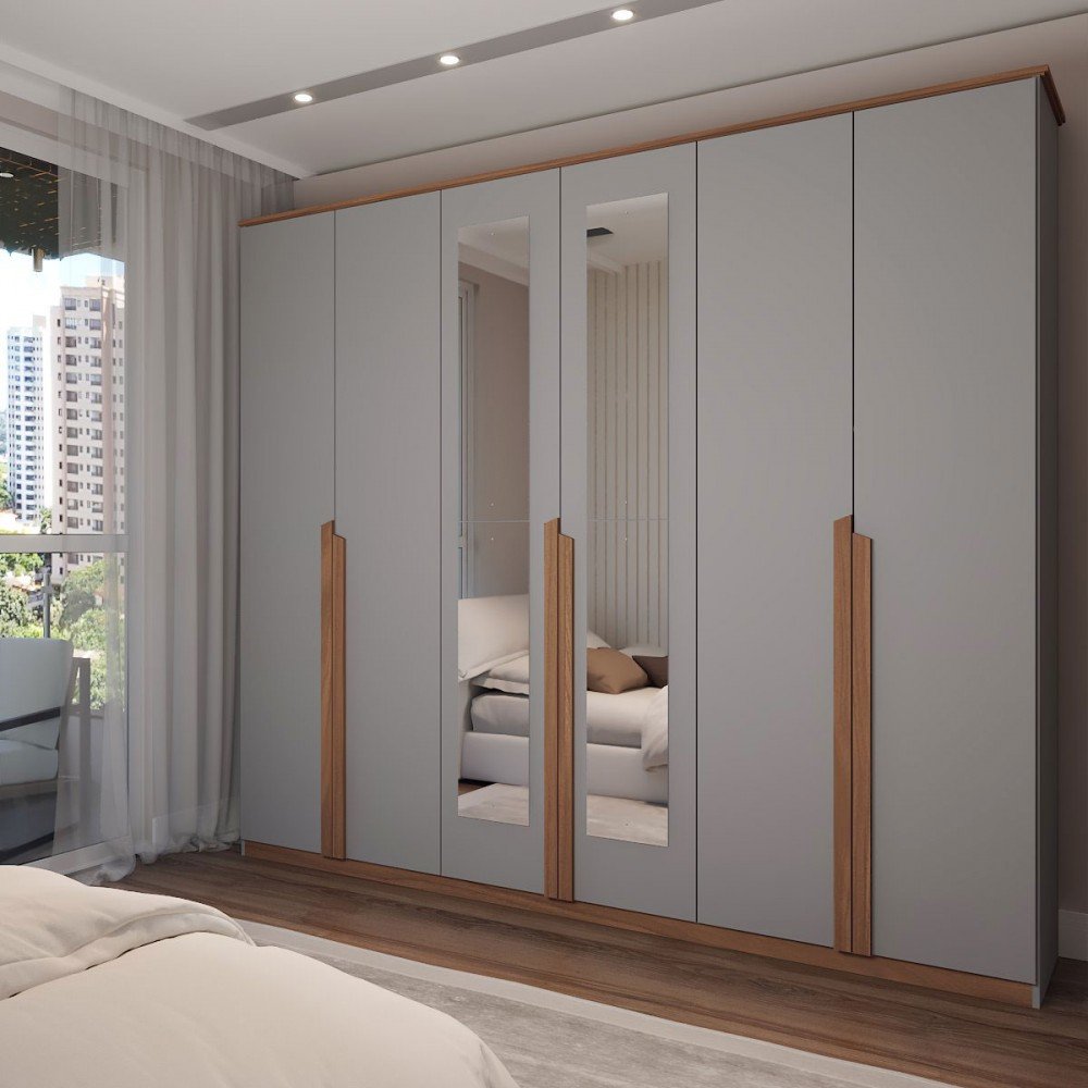 Guarda-roupa Casal Calábria Slim 6 Portas 6 Gavetas Espelho Cinza