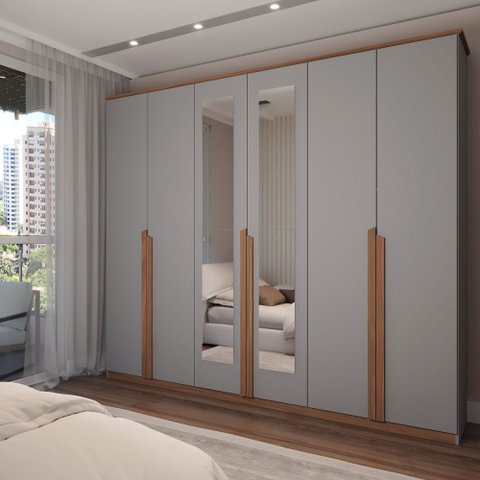 Guarda-roupa Casal Calábria Slim 6 Portas 6 Gavetas Espelho Cinza/nature - Panorama Móveis