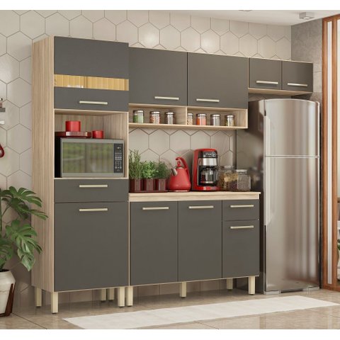 Cozinha Compacta 3 Peças com Balcão C/ Tampo Mdp 120m Dama - Amêndola Touch/grafito Demóbile
