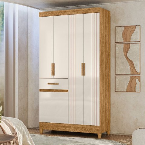 Guarda Roupa Roupeiro Solteiro Siena 5 Portas 1 Gaveta Detalhes Frisados Freijó Off White Moval