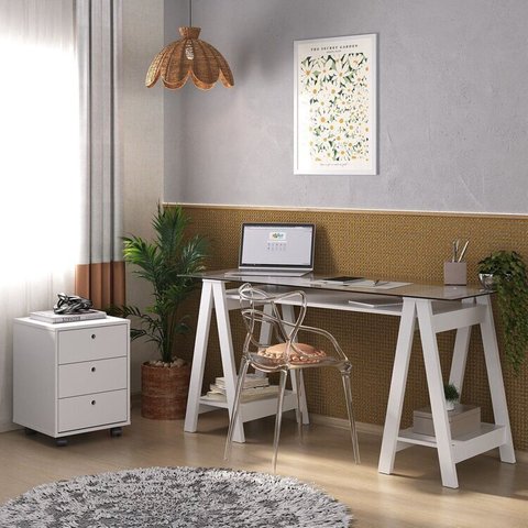 Conjunto para Escritório 2 Peças Escrivaninha Cristal e Gaveteiro New 150cm Branco Artany