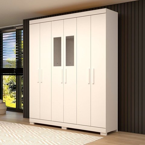 Guarda-Roupa Casal 6 Portas com Espelho 2 Gavetas 100% MDF 164cm Papoulas Espresso Móveis Branco