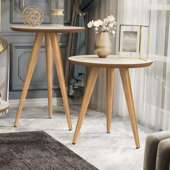 Conjunto De Mesas Apoio Lateral e Centro Classic, Off White / Freijó - Pek Móveis - 2