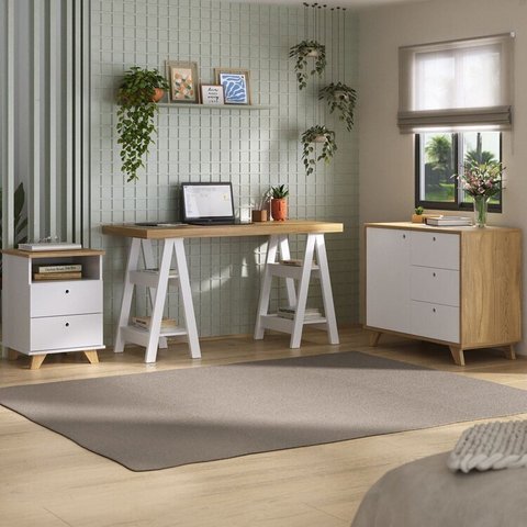 Conjunto 3 Peças com Escrivaninha Cavalete, Gaveteiro e Armário para Escritório Baixo Olmo Branco Artany