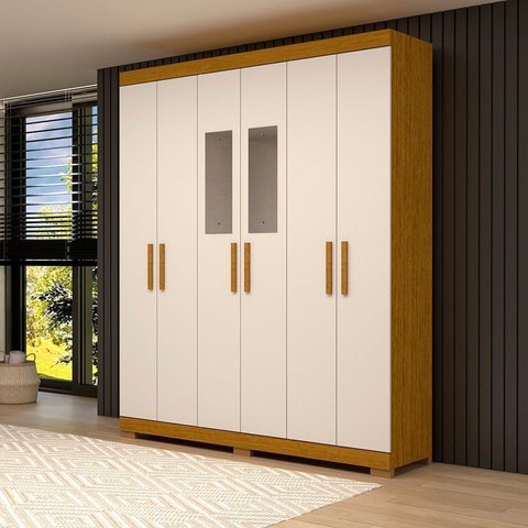 Guarda-Roupa Casal 6 Portas com Espelho 2 Gavetas 100% MDF 164cm Papoulas Espresso Móveis Off White/Cinamomo