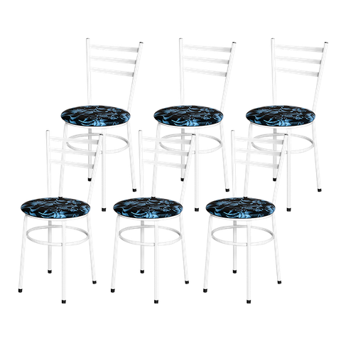 6 Cadeiras Epoxi Branca para Cozinha Assento Estampado:floral Preto