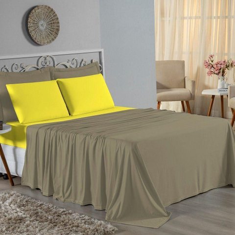 Jogo de Cama Casal Viúva Nobre 4 Peças Malha 100% Algodão - Avelã / Amarelo