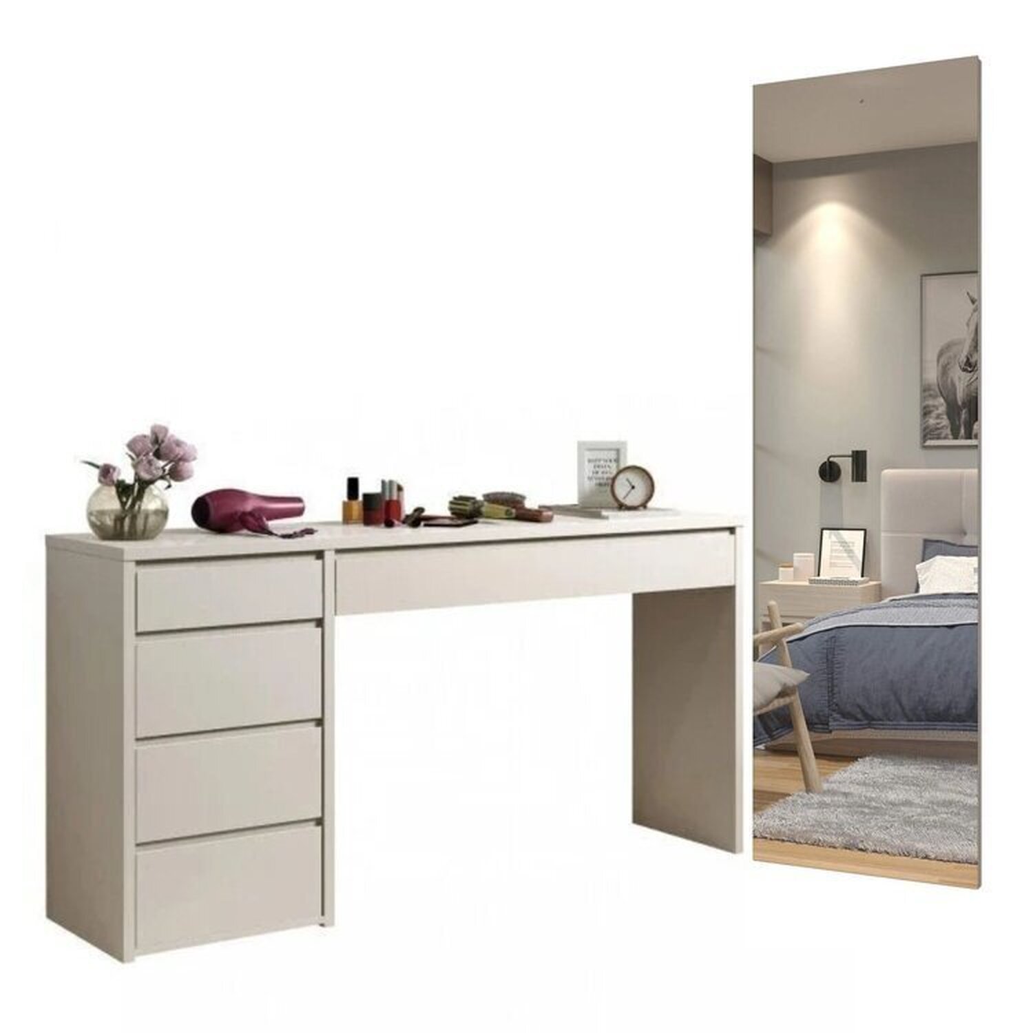 Conjunto para Quarto Escrivaninha 5 Gavetas Berlim e Espelho Retangular 180cm Flora é boa?