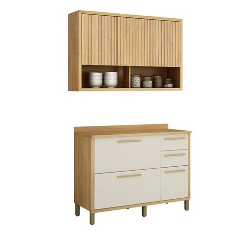 Conjunto Modulado de Cozinha Balcão 3 Portas 2 Gavetas e Armário Aéreo 120cm 3 Portas Ripado Torino Bege/Cinamomo/Off White