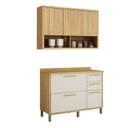 Ver imagem 1 de Conjunto Modulado de Cozinha Balcão 3 Portas 2 Gavetas e Armário Aéreo 120cm 3 Portas Ripado Torino Bege/Cinamomo/Off White