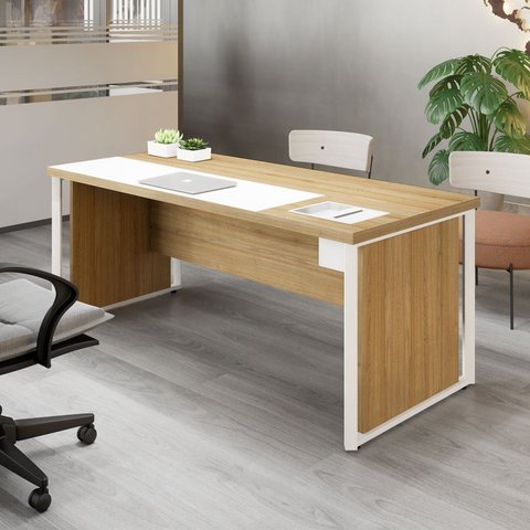 Escrivaninha Mesa Escritório Diretor com Caixa de Tomadas e Porta Objetos F5 Office 200cm Macadâmia e Branco Marrom