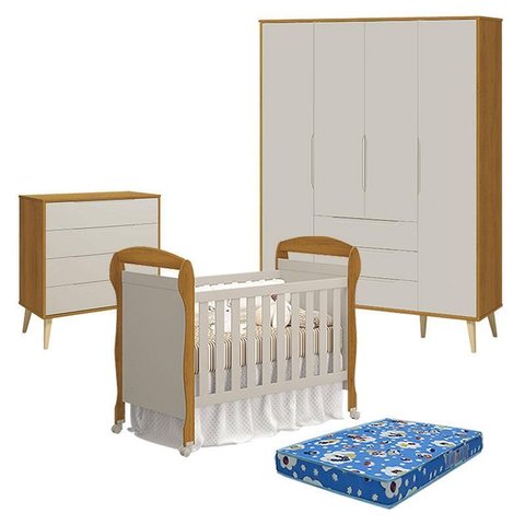 Quarto de Bebê 4 Portas com Cômoda Gaveteiro Elfe Retrô e Berço Americano Danny Areia Savana Acetina