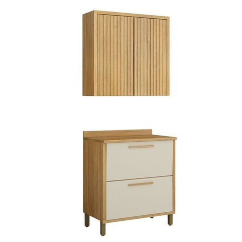 Conjunto Modulado de Cozinha Armário Aéreo 80cm 2 Portas Ripado e Balcão 2 Portas 80cm Torino Marrom/Cinamomo/Off White