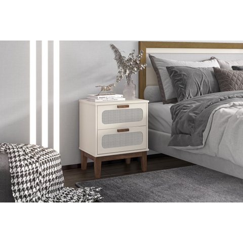 Mesa de Cabeceira Santorini 45cm Pes de Madeira 2 Gavetas Off White