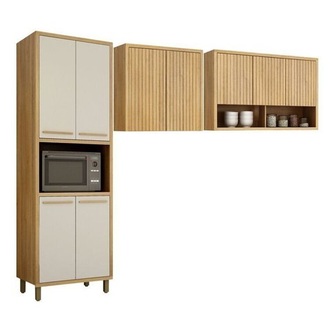 Conjunto Modulado de Cozinha Armário Paneleiro 4 Portas com Nicho e 2 Armários Aéreo Ripado Torino Bege/Cinamomo/Off White