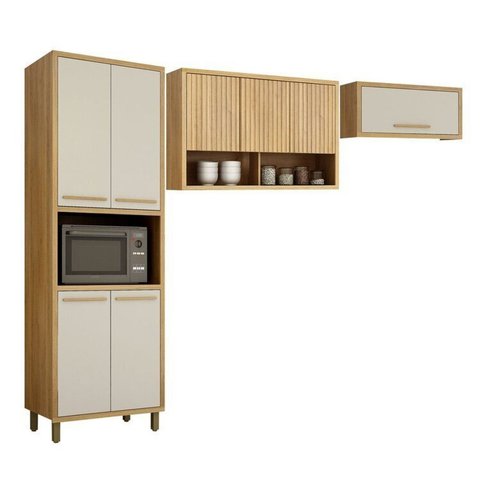 Conjunto Modulado Armário de Cozinha com Armário Paneleiro 4 Portas com Nicho e 2 Armários Aéreo Torino Bege/Cinamomo/Off White