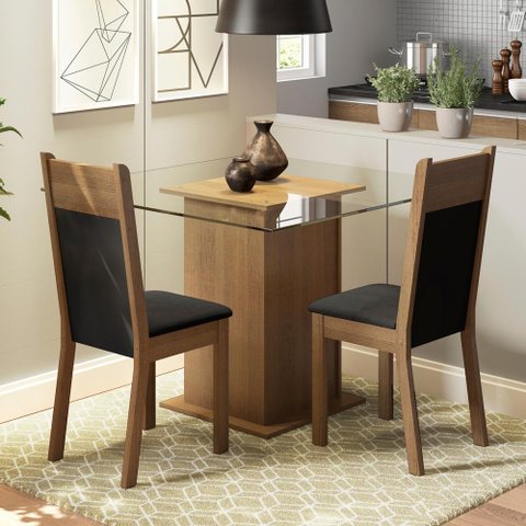 Conjunto Sala de Jantar Madesa Moni Mesa Tampo de Vidro 2 Cadeiras - Rustic/preto/sintético Preto