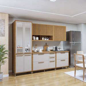 Conjunto Cozinha Completa Armário Paneleiro 4 Portas com Vidro 2 Armários Aéreo e 2 Balcões Torino