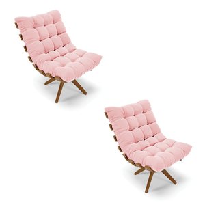 Kit 02 Poltronas Giratória Costela Suede Rosa Bebê Base Madeira Ma25 - D'rossi Drossi