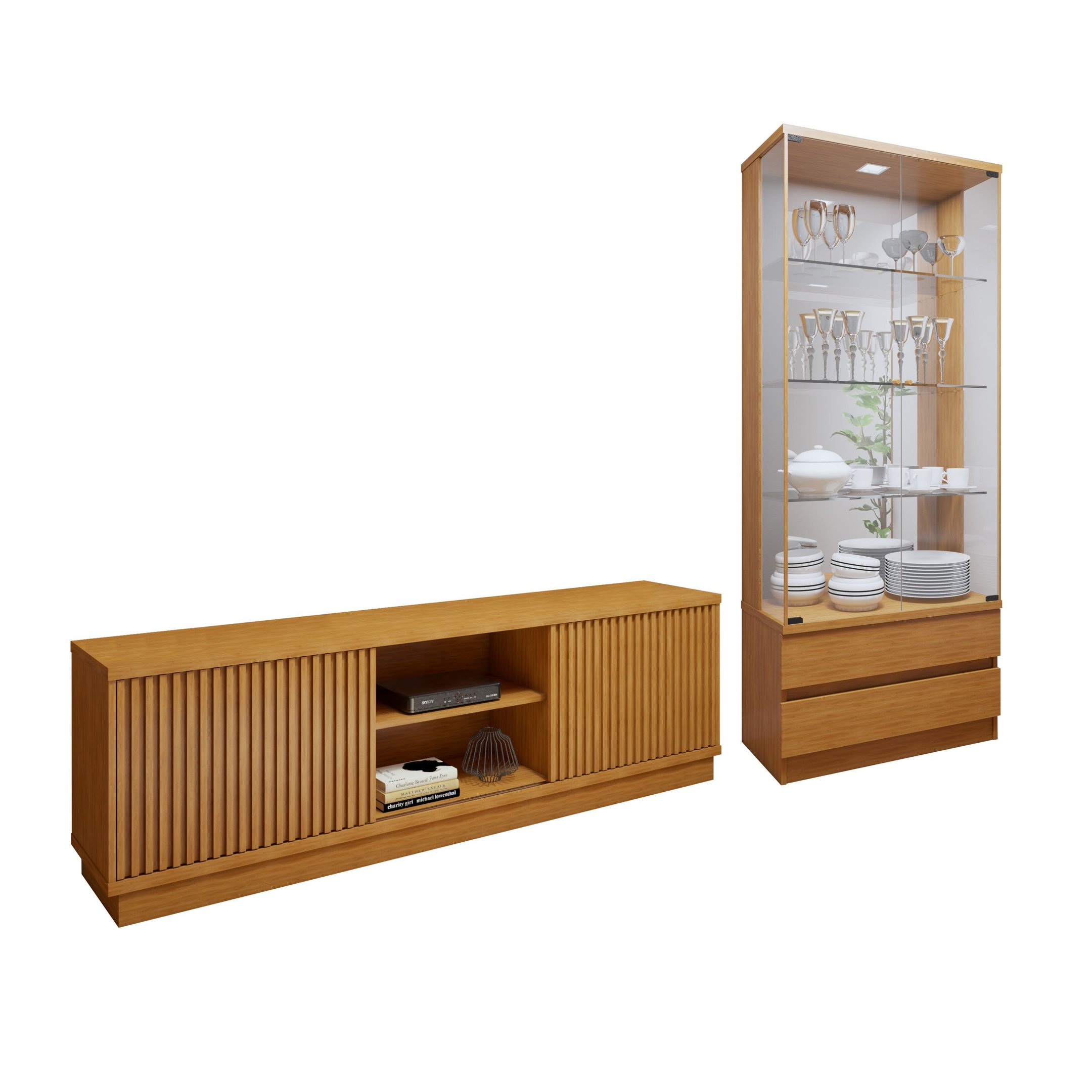 Kit 2 Peças com Rack para TV até 75 Polegadas Ripado Logan e Cristaleira com Espelho 100%MDF Lisboa - 2