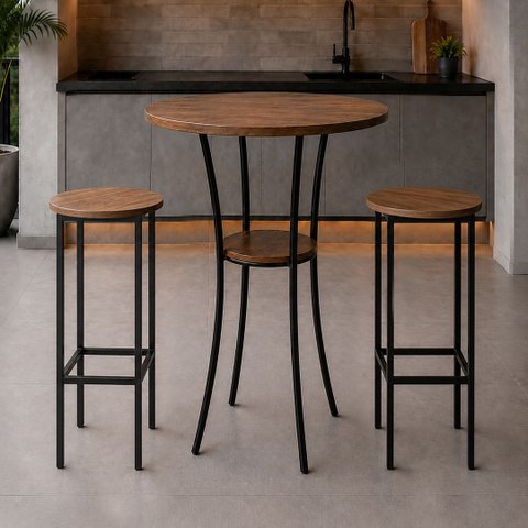 Conjunto Mesa Alta Bistrô Porto com 2 Banquetas Alta Kassel Cor Louro Freijó - Kmj