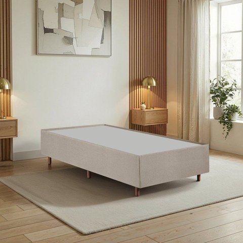 Cama Box Solteiro Estofada em Madeira Maciça Base Reforçada Santorini Espresso Móveis Bege/Linho