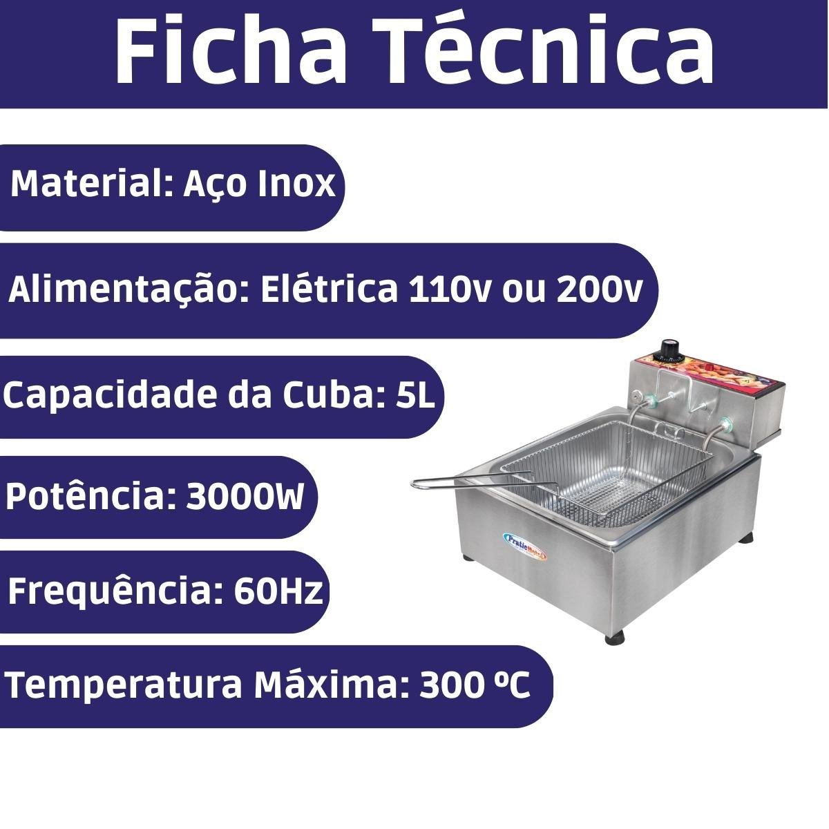 Fritadeira Elétrica Industrial Inox Cuba 5 Litros com Cesto:220v - 2