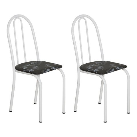 Kit 2 Cadeiras de Cozinha Califórnia Estampado Preto Florido Pés de Ferro Branco
