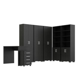 Conjunto para Escritório 7 Peças com Escrivaninha Gávea 1 Gaveteiro 4 Gavetas e 5 Armários Espresso Móveis Preto - 2