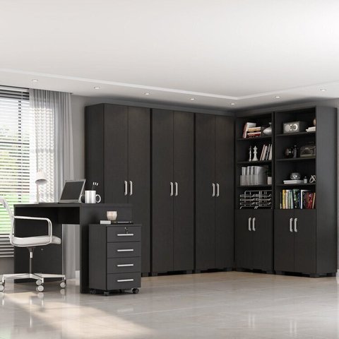 Conjunto para Escritório 7 Peças com Escrivaninha Gávea 1 Gaveteiro 4 Gavetas e 5 Armários Espresso Móveis Preto