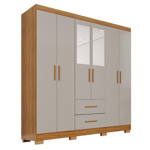 Guarda Roupa Casal Catar Premium 6 Portas de Bater 2 Gavetas MDP Cinamomo-Off Catarina 150cm