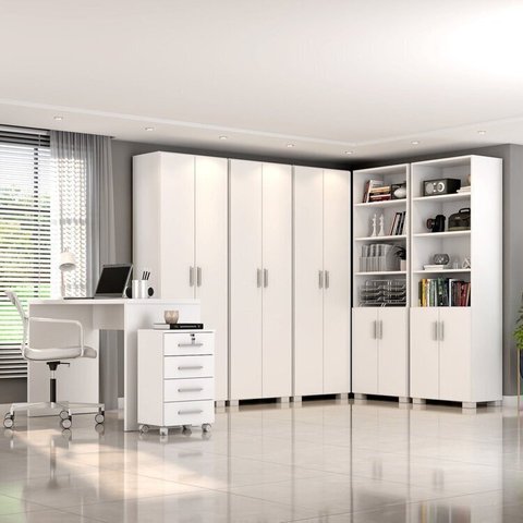 Conjunto para Escritório 7 Peças com Escrivaninha Gávea 1 Gaveteiro 4 Gavetas e 5 Armários Espresso Móveis Branco