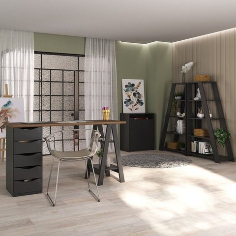 Conjunto para Escritório 4 Peças Escrivaninha Spirit Balcão Cool e 2 Estante Star Nogal Preto