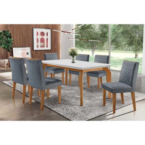 Conjunto: Mesa de Cozinha Londrina C/ Tampo Madeirado Canto Reto 180x90cm e 6 Cadeiras Jade Imbuia/