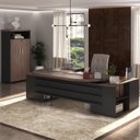 Ver imagem 1 de Kit 2 Peças com Mesa para Escritório Presidente em Tamburato e Armário Multiuso Alto