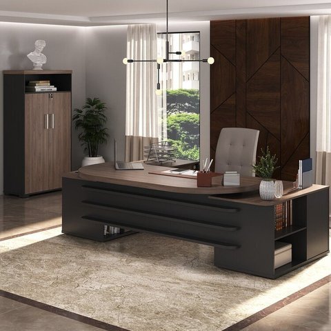 Conjunto 2 Peças com Mesa para Escritório Presidente em Tamburato e Armário Multiuso Alto Charuto Preto