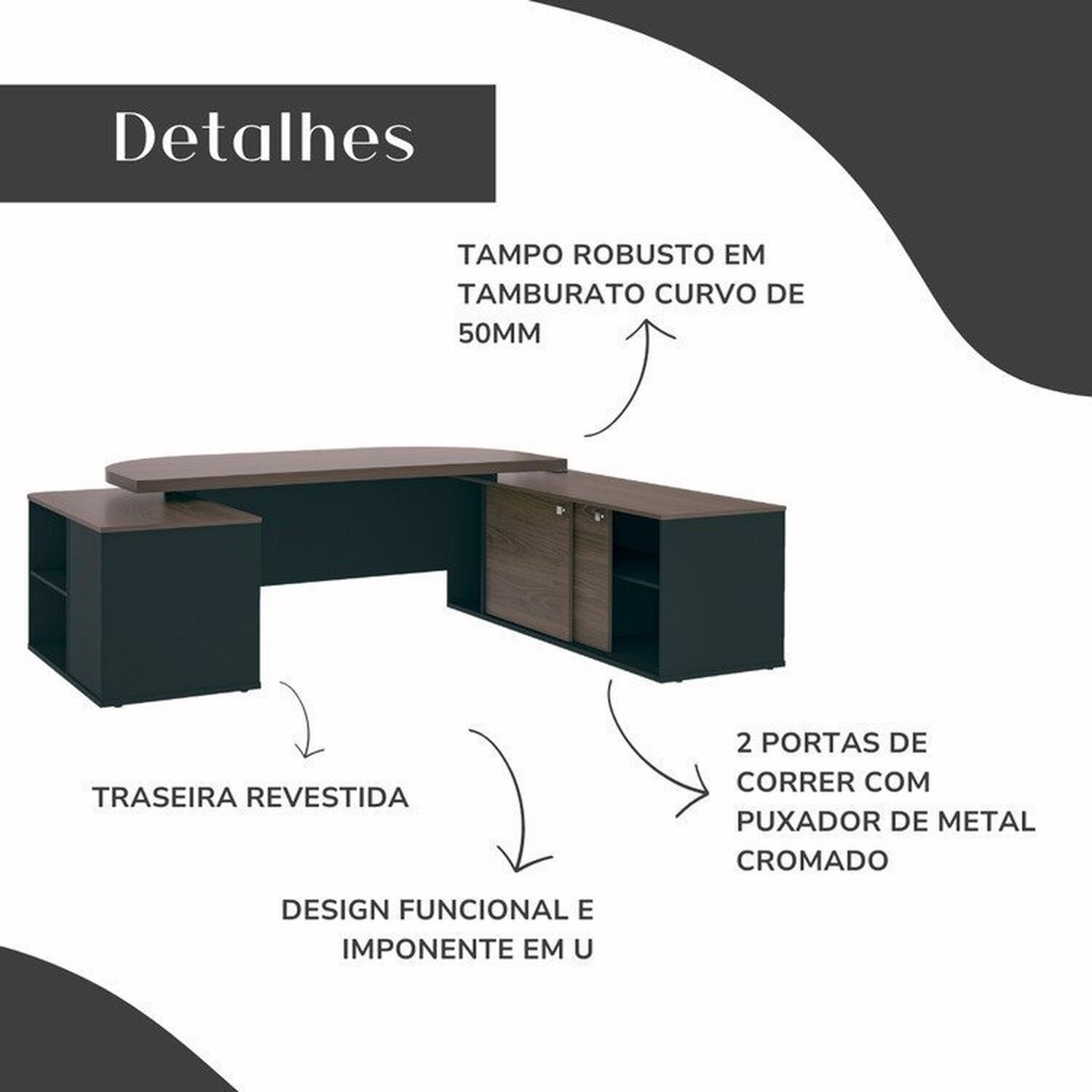 Kit 2 Peças com Mesa para Escritório Presidente em Tamburato e Armário Multiuso Alto - 13