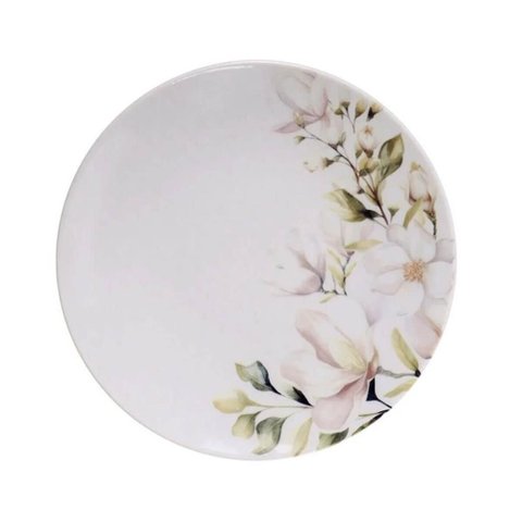 Prato de Sobremesa Branco 21cm Porcelana Decorada Avulso Tramontina Magnólia