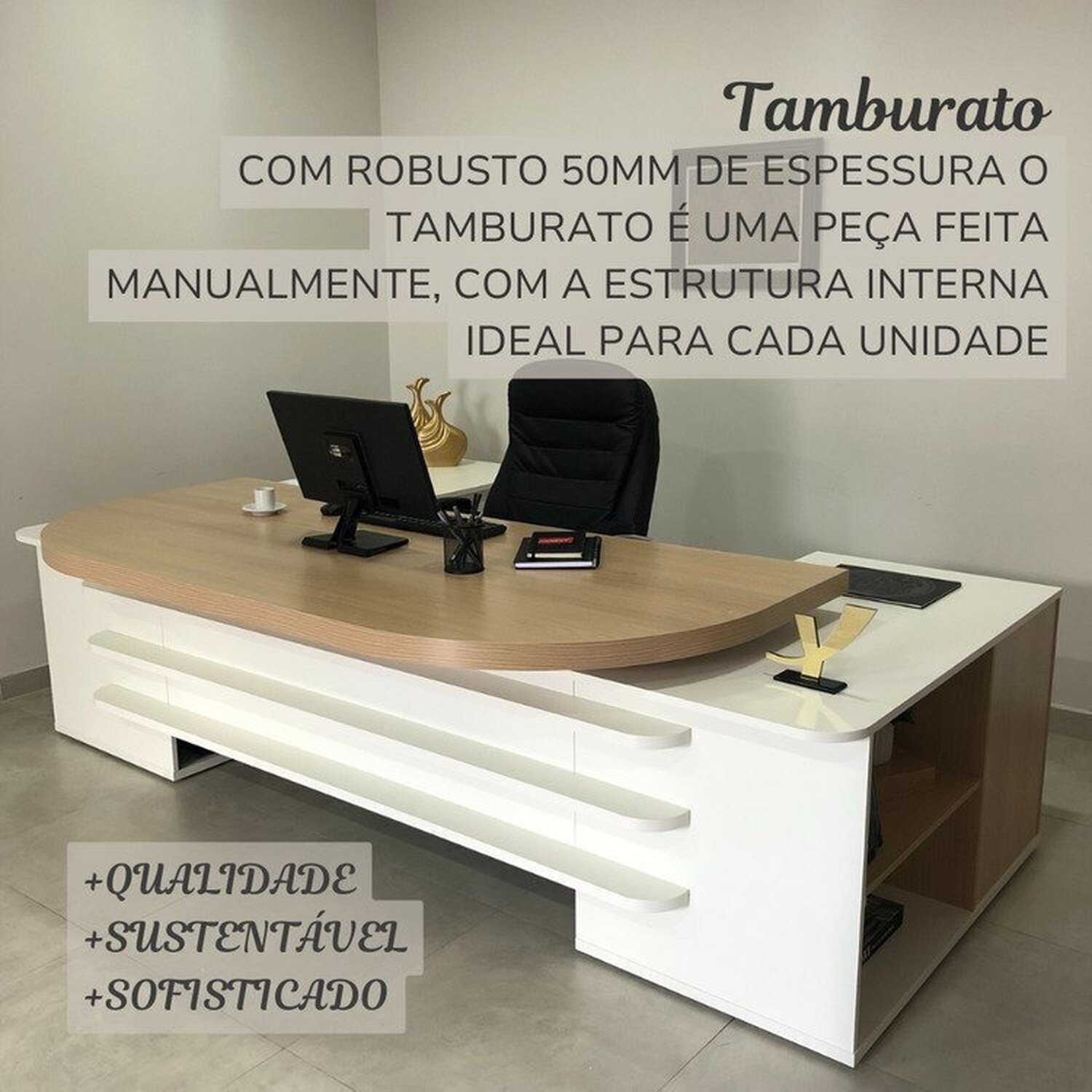 Kit 2 Peças com Mesa para Escritório Presidente em Tamburato e Armário Multiuso Alto - 12