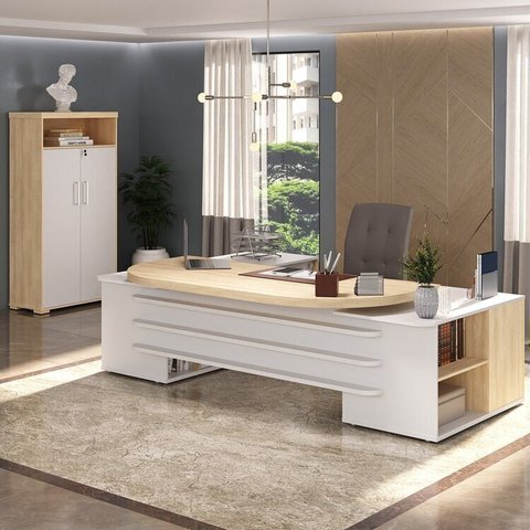 Conjunto 2 Peças com Mesa para Escritório Presidente em Tamburato e Armário Multiuso Alto Carvalho Branco