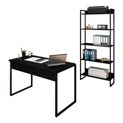 Conjunto Escritório Mesa 120 e Estante Studio Preto