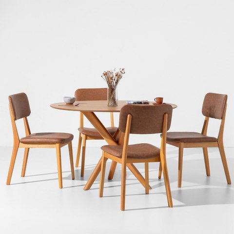 Conjunto Mesa de Jantar Thai Redonda Carvalho Americano - 1,20m + 4 Cadeiras Lalá Estofada PU - Cogn