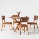Ver imagem 1 de Conjunto Mesa de Jantar Thai Redonda Carvalho Americano - 1,20m + 4 Cadeiras Lalá Estofada PU - Cogn