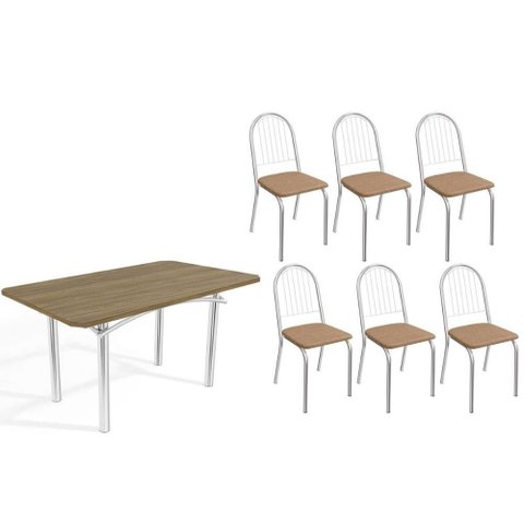 Conjunto: Mesa Sala Jantar Elba C/ Tampo de Madeira 160cm e 6 Cadeiras Noruega Cromada/nogueira -