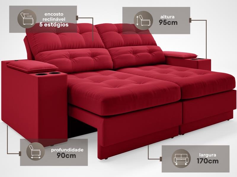 Sofá com Porta Copos e Carregador USB Eureka 1,70m Assento Retrátil e Reclinável Velosuede - 3