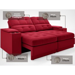 Sofá com Porta Copos e Carregador USB Eureka 1,70m Assento Retrátil e Reclinável Velosuede - 3
