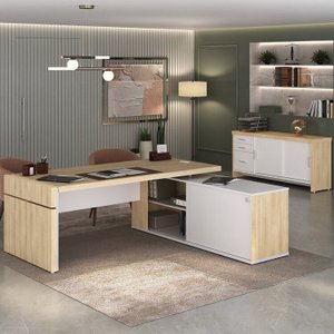 Kit 2 Peças com Mesa para Escritório Diretor em L em Tamburato e Armário Multiuso Baixo