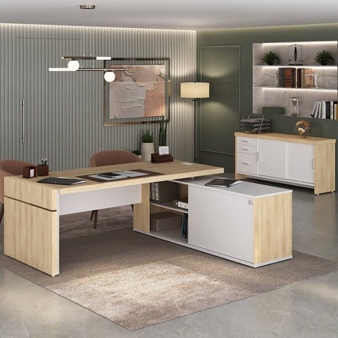 Conjunto 2 Peças com Mesa para Escritório Diretor em L em Tamburato e Armário Multiuso Baixo Carvalho Branco